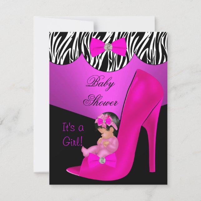 Cute Baby Shower Girl Hot Pink Baby Shoe black Invitation (Front)