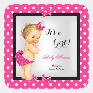 Cute Baby Shower Girl Hot Pink Black Blonde Square Sticker