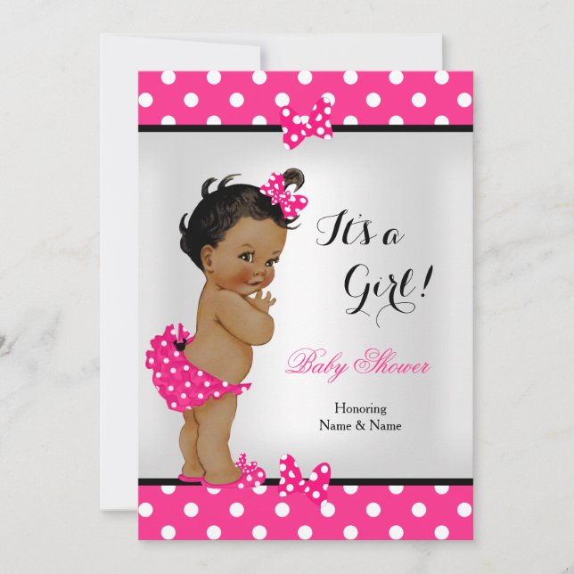 Cute Baby Shower Girl Hot Pink Black Ethnic Invitation (Front)