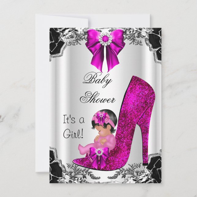 Cute Baby Shower Girl Hot Pink High Heel Floral Invitation (Front)