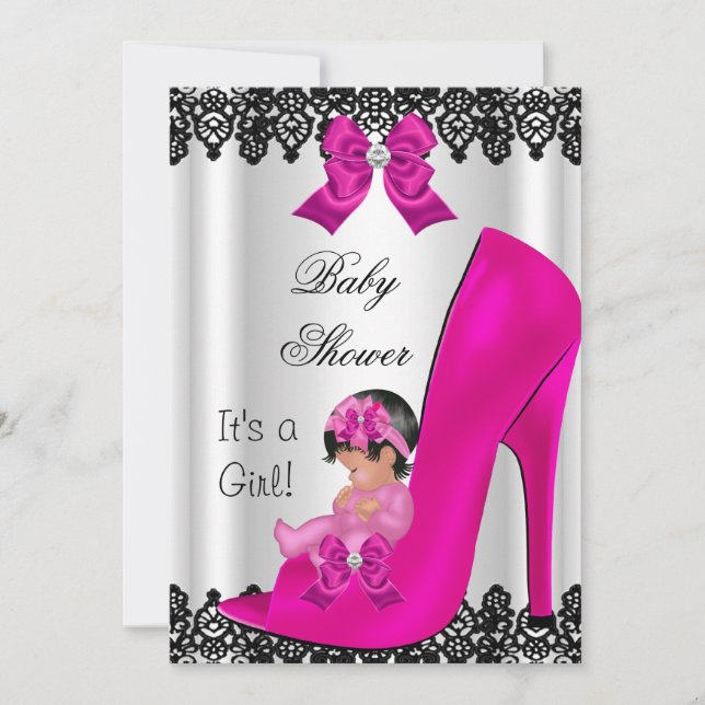 Cute Baby Shower Girl Hot Pink Shoe Black Lace Invitation (Front)
