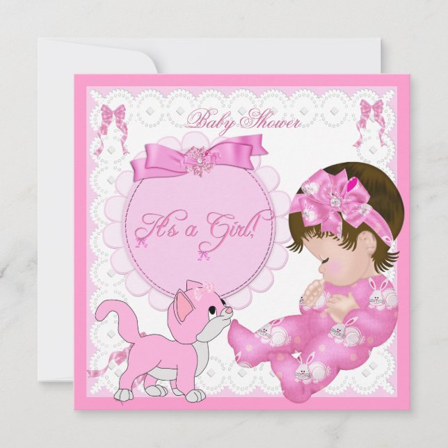 Cute Baby Shower Girl Kitten Pink White Invitation (Front)