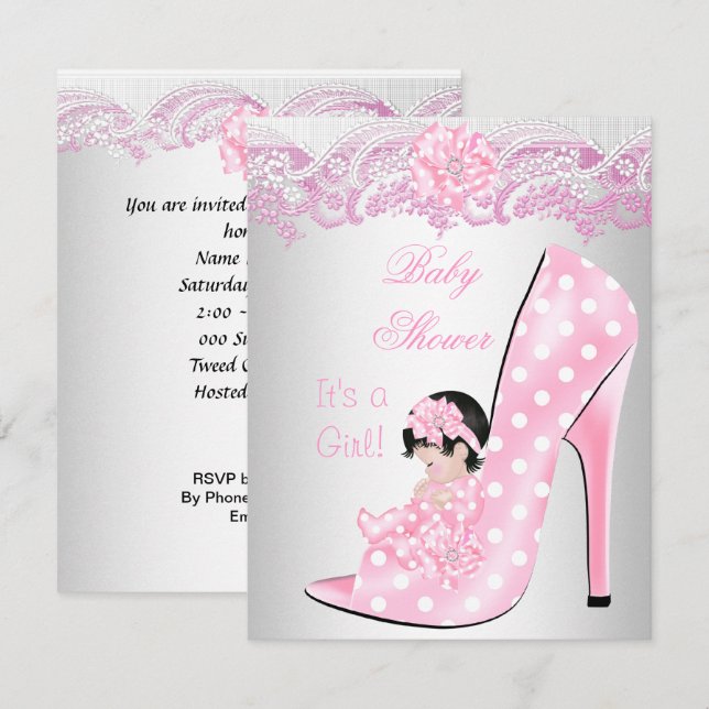 Cute Baby Shower Girl Pink Baby Shoe Lace Invitation (Front/Back)