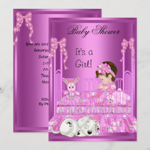 Cute Baby Shower Girl Pink Cot Puppy Toys Invitation