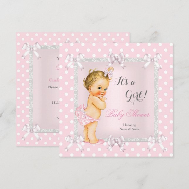 Cute Baby Shower Girl Pink Grey Blonde Invitation (Front/Back)