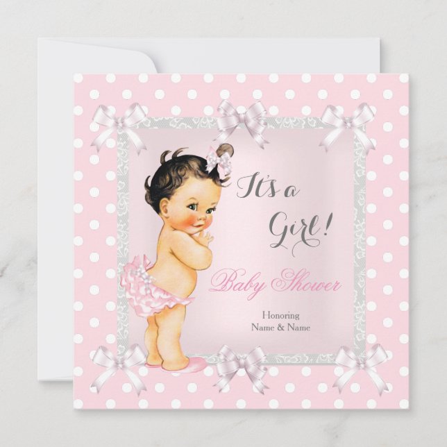 Cute Baby Shower Girl Pink Grey Brunette Invitation (Front)