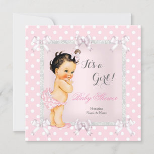 Cute Baby Shower Girl Pink Grey Brunette Invitation