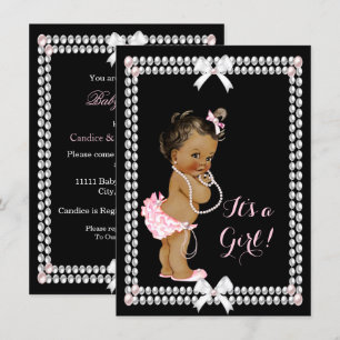 Cute Baby Shower Girl Pink Pearls Black Ethnic Invitation