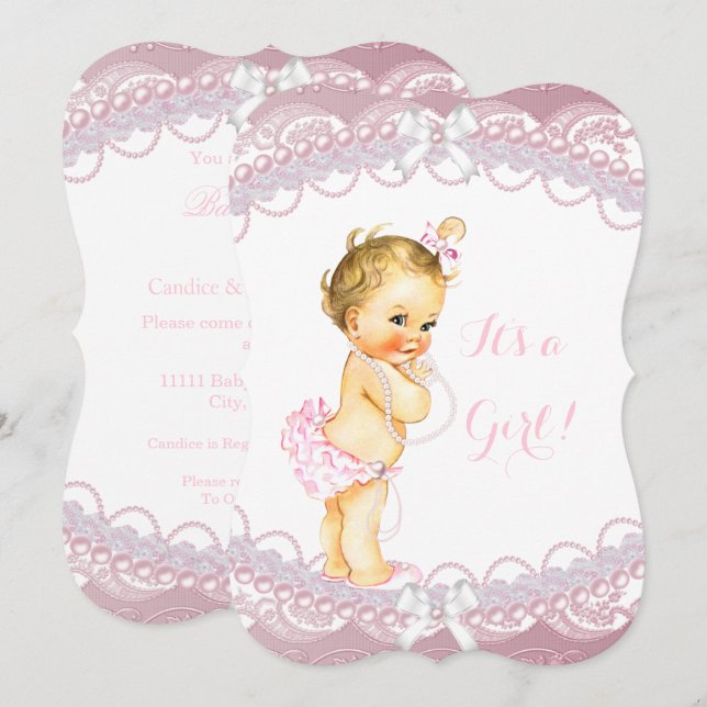 Cute Baby Shower Girl Pink Pearls Lace Blonde Invitation (Front/Back)