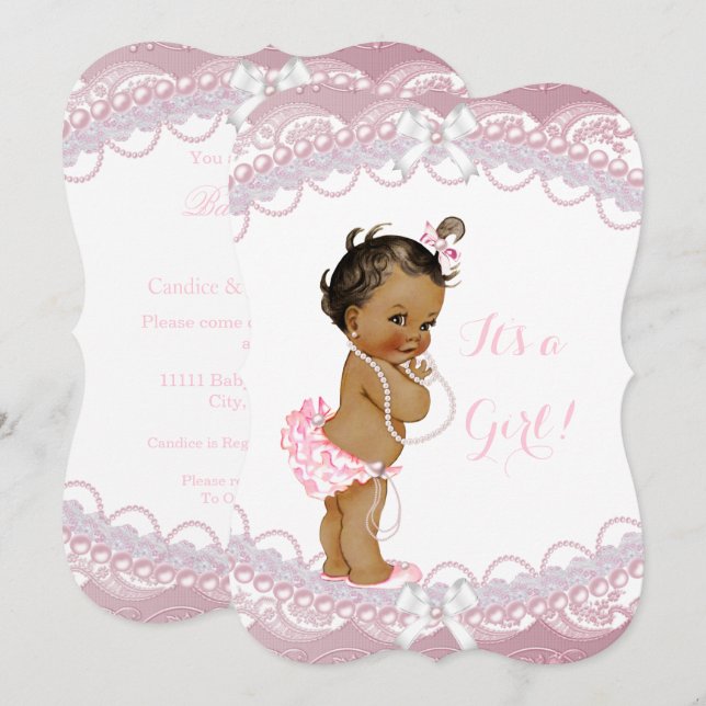 Cute Baby Shower Girl Pink Pearls Lace Ethnic Invitation (Front/Back)