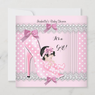Cute Baby Shower Girl Pink Polka Dots High Heel 2 Invitation