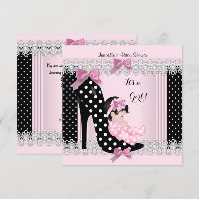 Cute Baby Shower Girl Pink Polka Dots High Heel 6a Invitation (Front/Back)