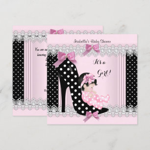 Cute Baby Shower Girl Pink Polka Dots High Heel 6a Invitation