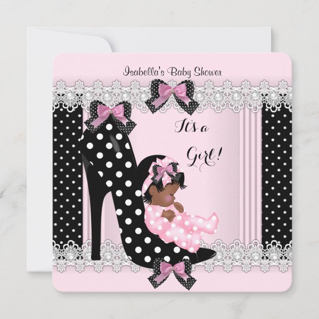 Cute Baby Shower Girl Pink Polka Dots High Heel 7 Invitation (Front)