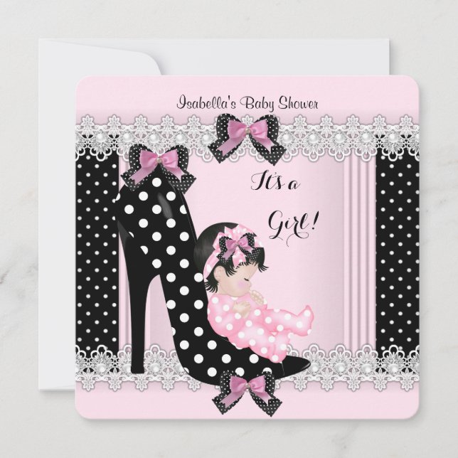 Cute Baby Shower Girl Pink Polka Dots High Heel 7a Invitation (Front)