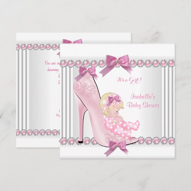 Cute Baby Shower Girl Pink Polka Dots High Heel C3 Invitation (Front/Back)