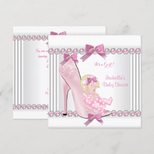 Cute Baby Shower Girl Pink Polka Dots High Heel C3 Invitation