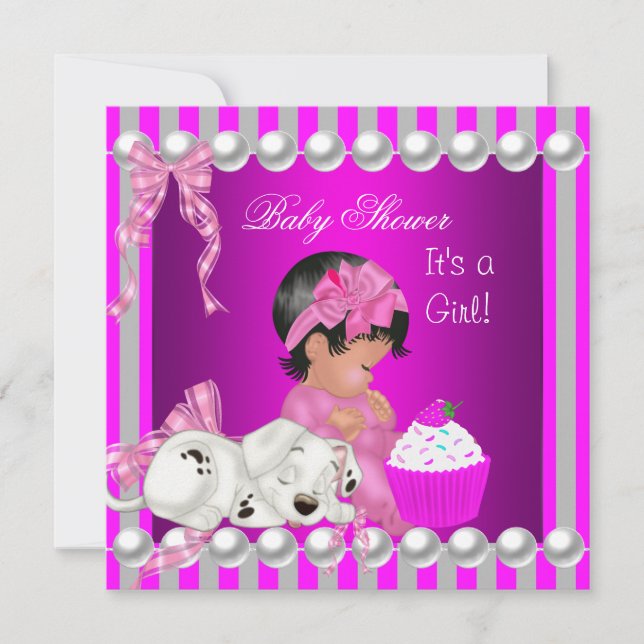 Cute Baby Shower Girl Pink Stripe cupcake Invitation (Front)