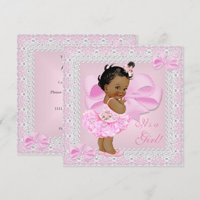 Cute Baby Shower Girl Pretty Pink Tutu Ethnic Invitation (Front/Back)