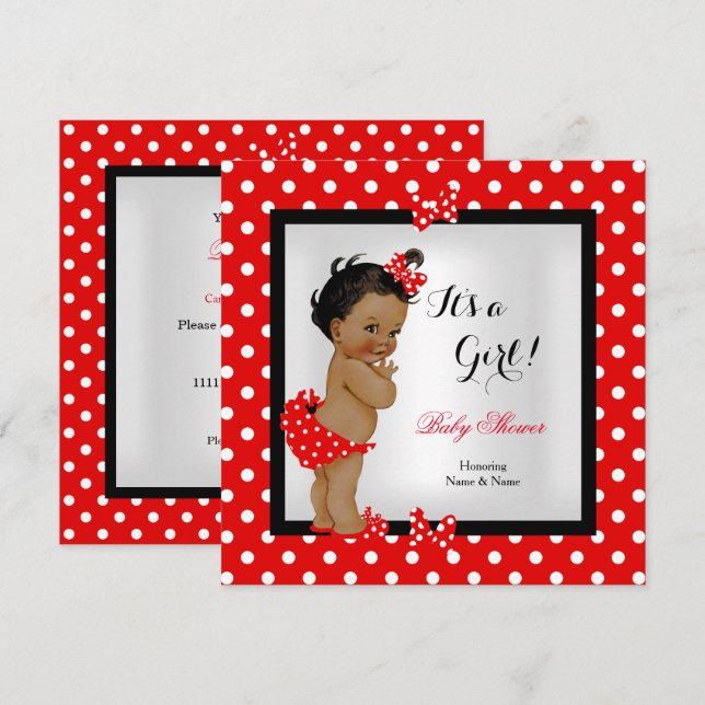 Cute Baby Shower Girl Red Black Ethnic Invitation (Front/Back)