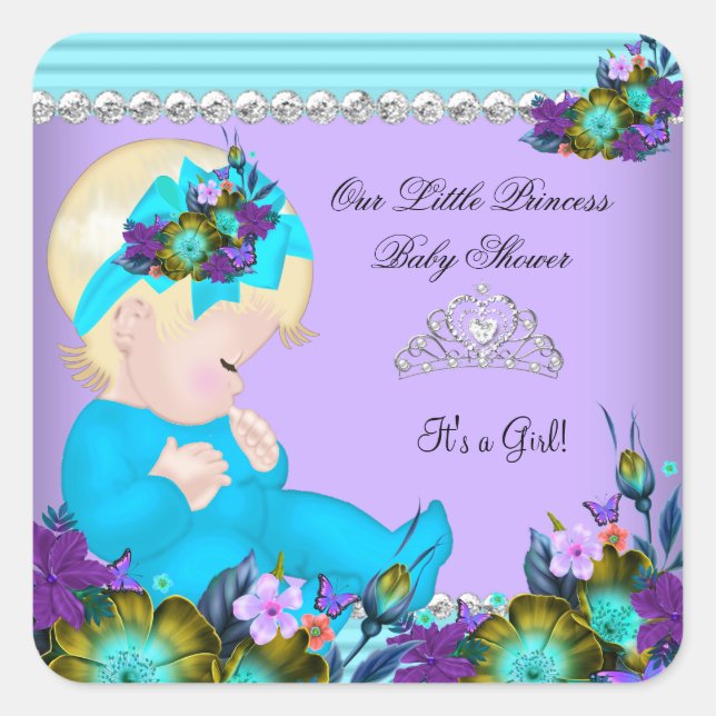 Cute Baby Shower Girl Teal Blue Purple Blonde Square Sticker (Front)