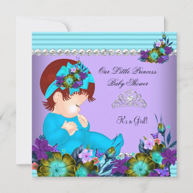 Cute Baby Shower Girl Teal Blue Purple Redhead Invitation (Front)