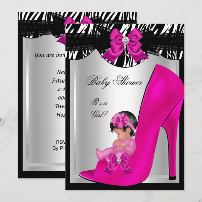 Cute Baby Shower Girl Zebra Hot Pink Baby Shoe Invitation (Front/Back)