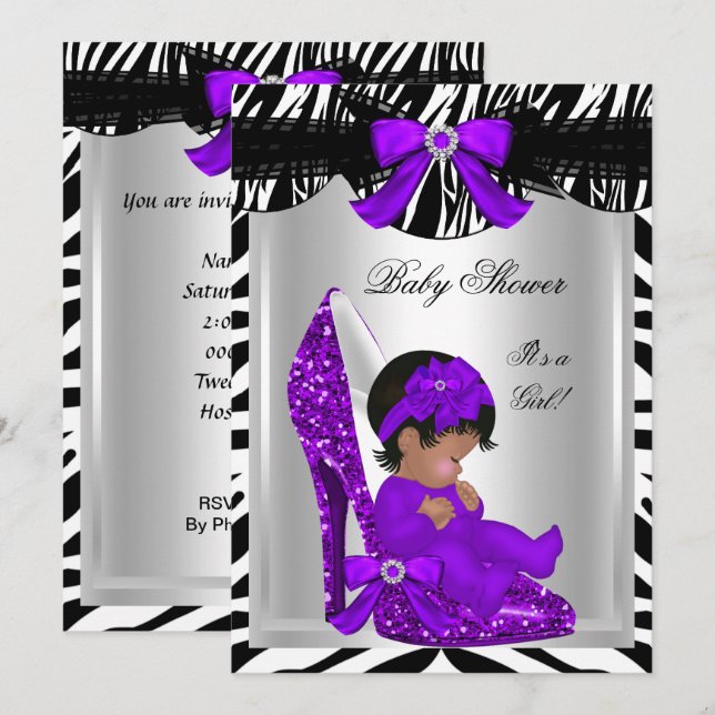 Cute Baby Shower Girl Zebra Purple Baby Shoe 2 Invitation (Front/Back)
