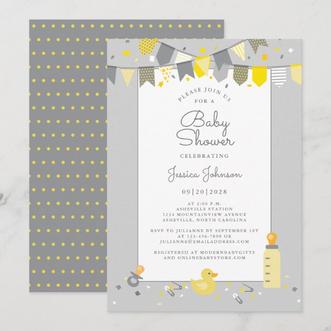 Cute Baby Shower Grey Yellow Modern Banner Flags Invitation (Front/Back)
