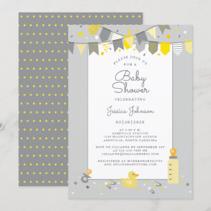 Cute Baby Shower Grey Yellow Modern Banner Flags Invitation