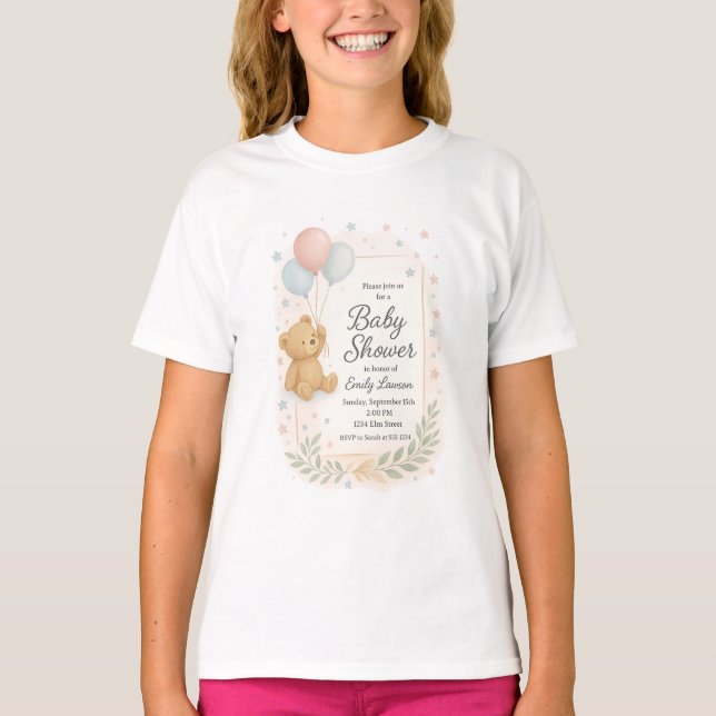 Cute Baby Shower Invitation – Teddy Bear & Balloon T-Shirt (Front)