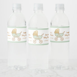 Cute Baby Shower Pastel Mint Green Retro Carriage Water Bottle Label