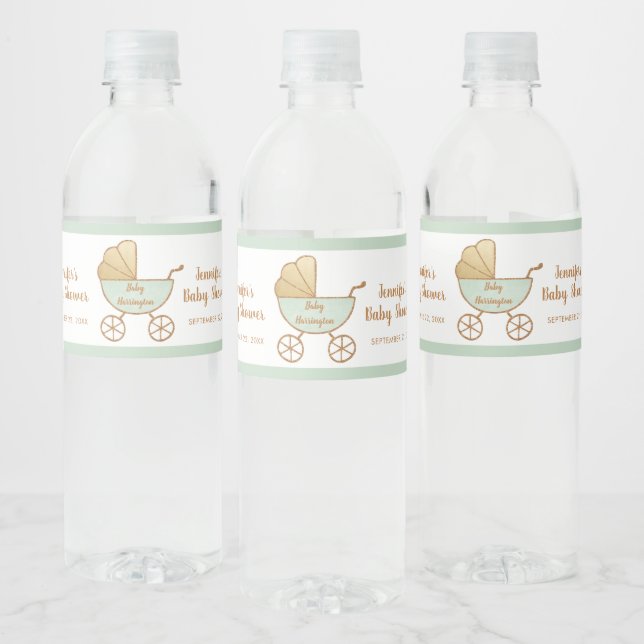 Cute Baby Shower Pastel Mint Green Retro Carriage Water Bottle Label (Bottles)