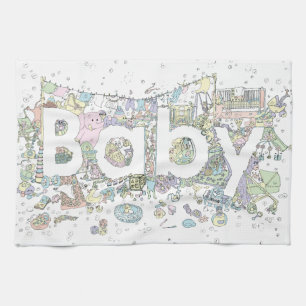 Cute Baby shower pastel pink elephant detailed art Tea Towel
