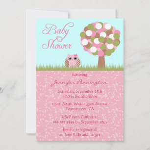 Cute baby shower pink owl tree party invitation