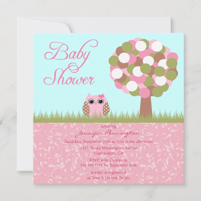 Cute baby shower pink owl tree party invitation (Front)