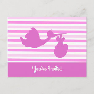 Cute Baby Shower Pink Striped Girl with Stork Invitation Postcard