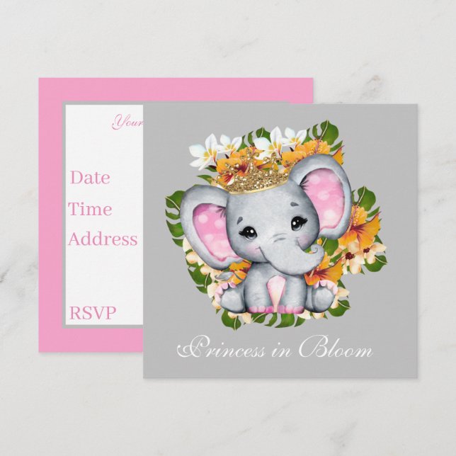cute baby shower Princess bloom elephant Invitation (Front/Back)