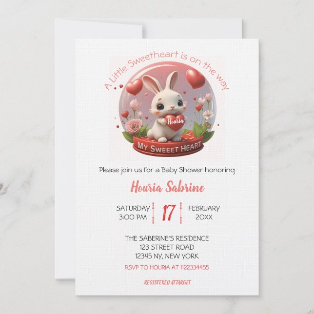 Cute Baby Shower Rabbit Sweetheart Valentine Invitation (Front)