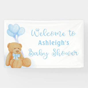 Cute Baby Shower Teddy Bear Blue Heart Balloons Banner