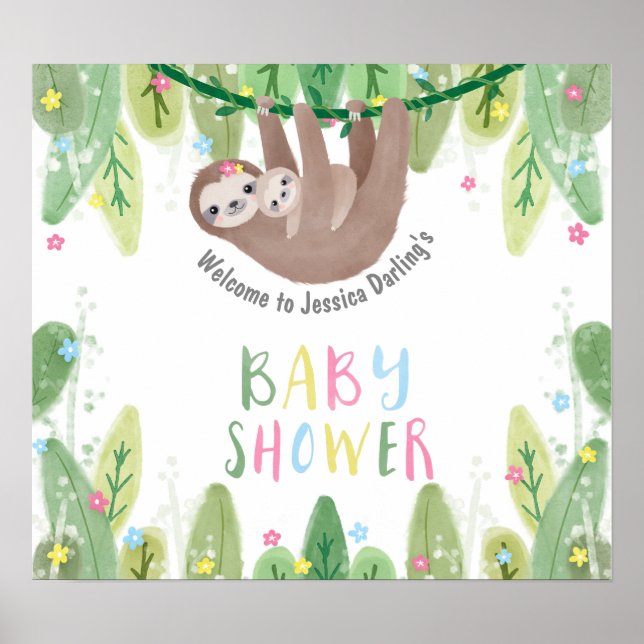 Cute baby shower welcome sloth with mom and baby poster (Front)