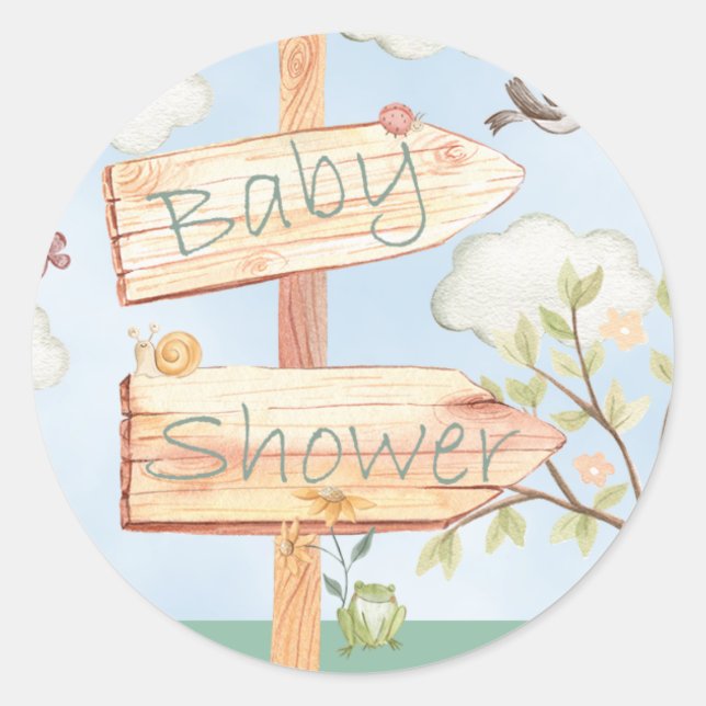 Cute Baby Shower Wood Sign & Animals Classic Round Sticker (Front)