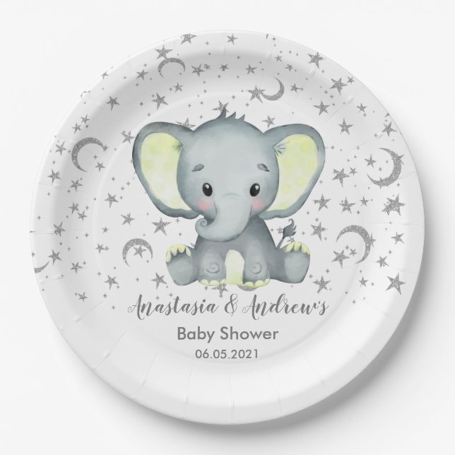 Cute Baby Shower Yellow Elephant Paper Plate (Front)