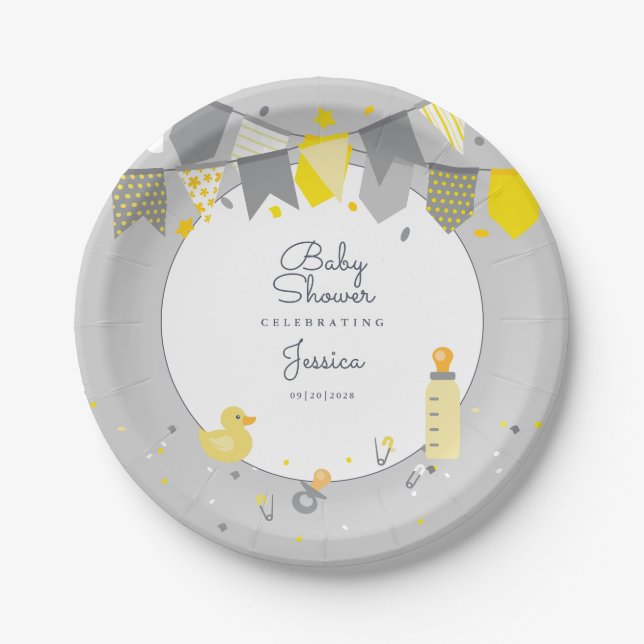 Cute Baby Shower Yellow Grey Gender Neutral Modern Paper Plate (Front)