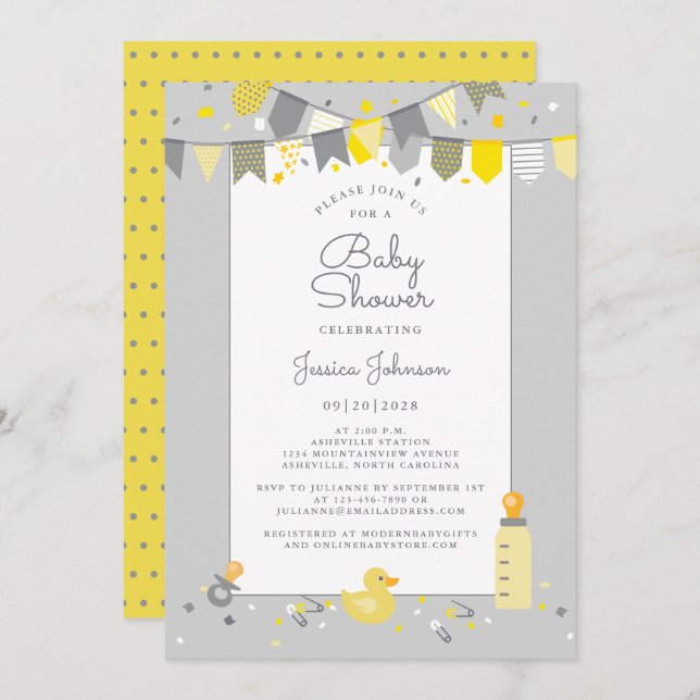 Cute Baby Shower Yellow Grey Modern Banner Flags Invitation (Front/Back)