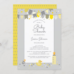 Cute Baby Shower Yellow Grey Modern Banner Flags Invitation