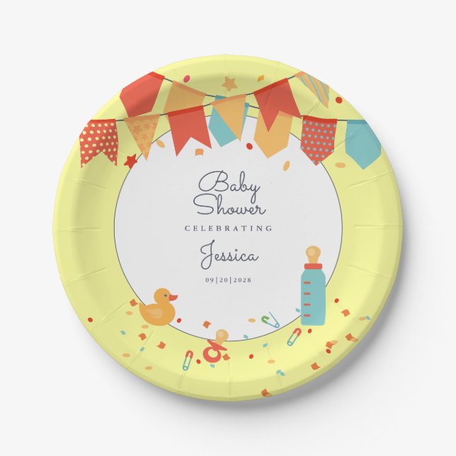 Cute Baby Shower Yellow Red Banner Flags Confetti Paper Plate (Front)