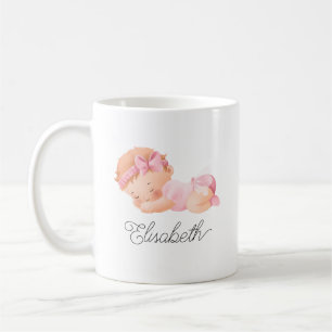 Cute Baby Sleeping Girl Pink Personalised Name Coffee Mug