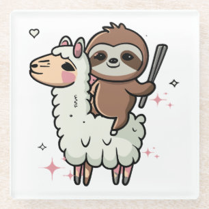 Cute Baby Sloth and Llama  Glass Coaster