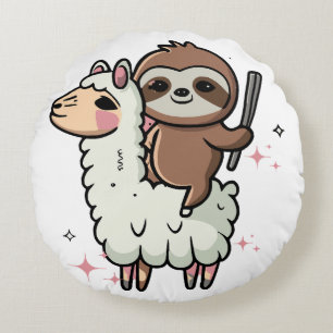 Cute Baby Sloth and Llama Round Cushion